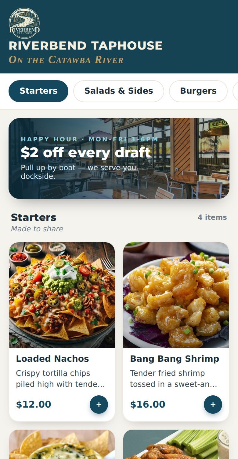 A designed online menu with the brand at the top, photography, descriptions and prices