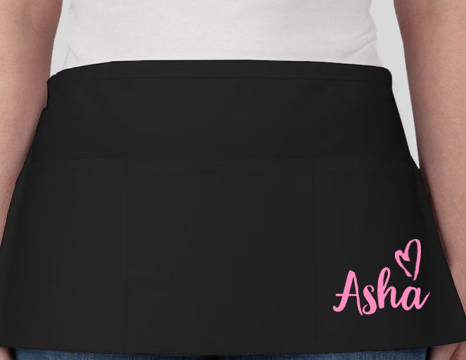 Navy waist apron with a server&rsquo;s name embroidered on the corner