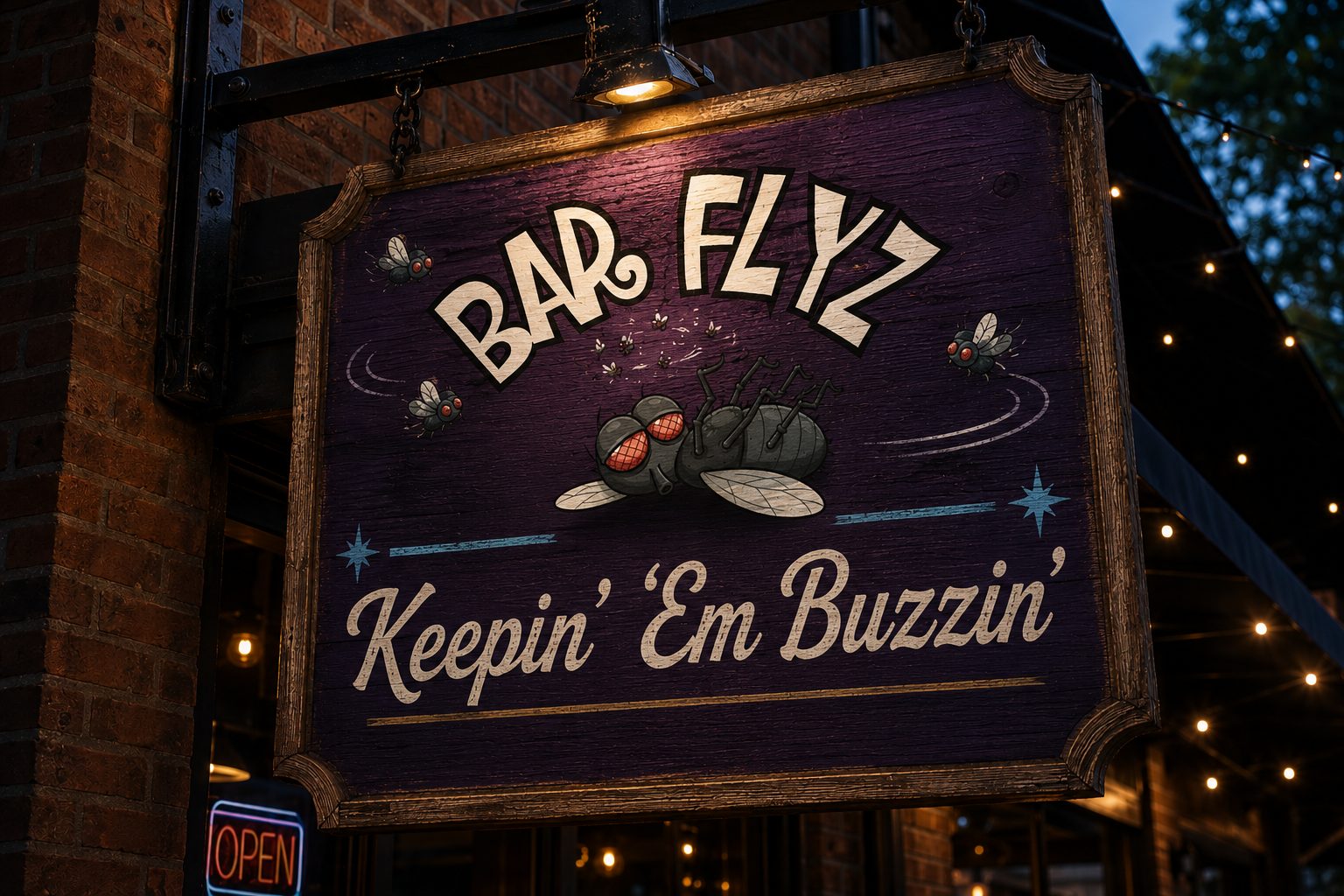 BarFlyz bar branding &mdash; custom hanging storefront sign with the BarFlyz fly logo, designed, printed and installed by Acquired Taste Studios in Charlotte NC