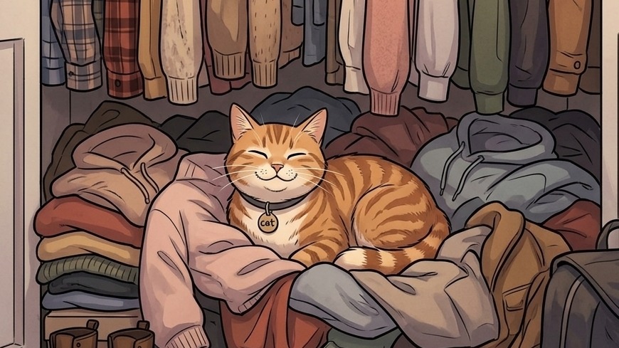 Cartoon cat happy in a closet, curled up asleep on a pile of folded clothes under the hanging coats