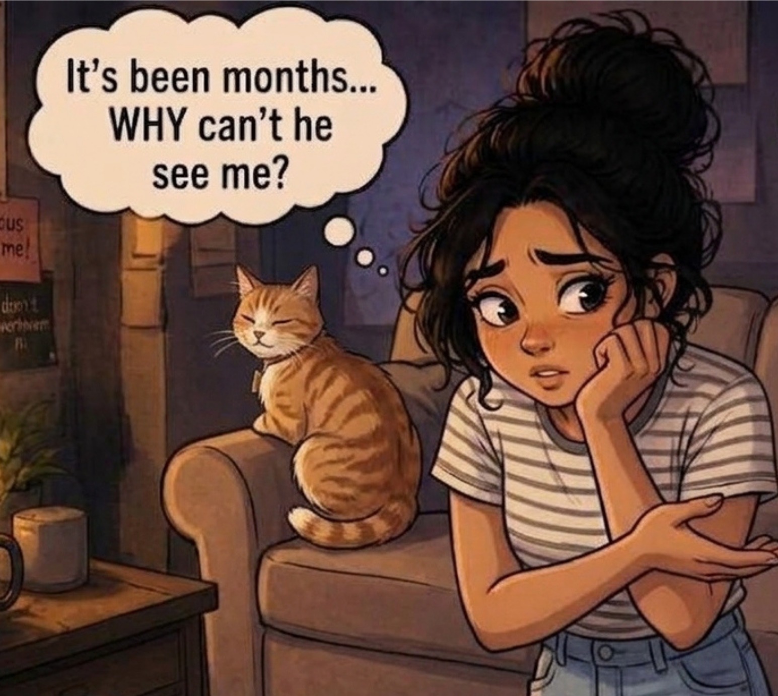 Cartoon cat ignoring its owner&rsquo;s girlfriend on the couch, eyes closed and turned away while she sits looking upset