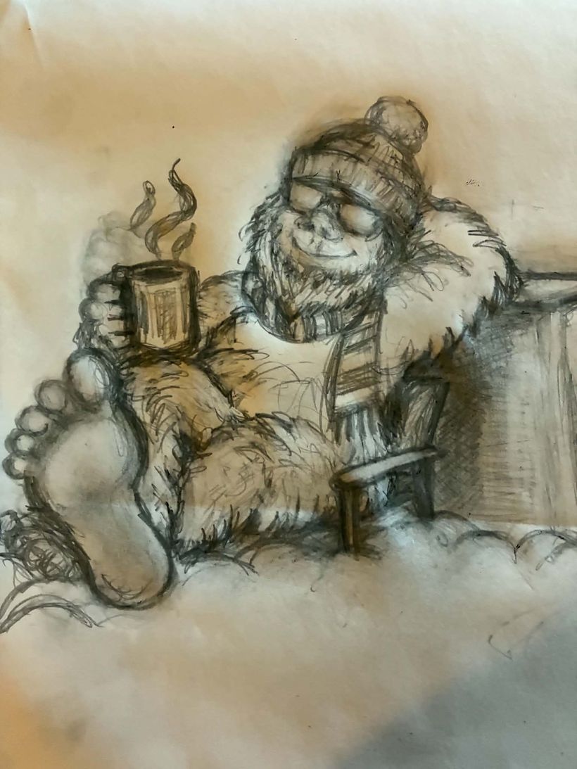 Hand drawn pencil study of the mascot seated