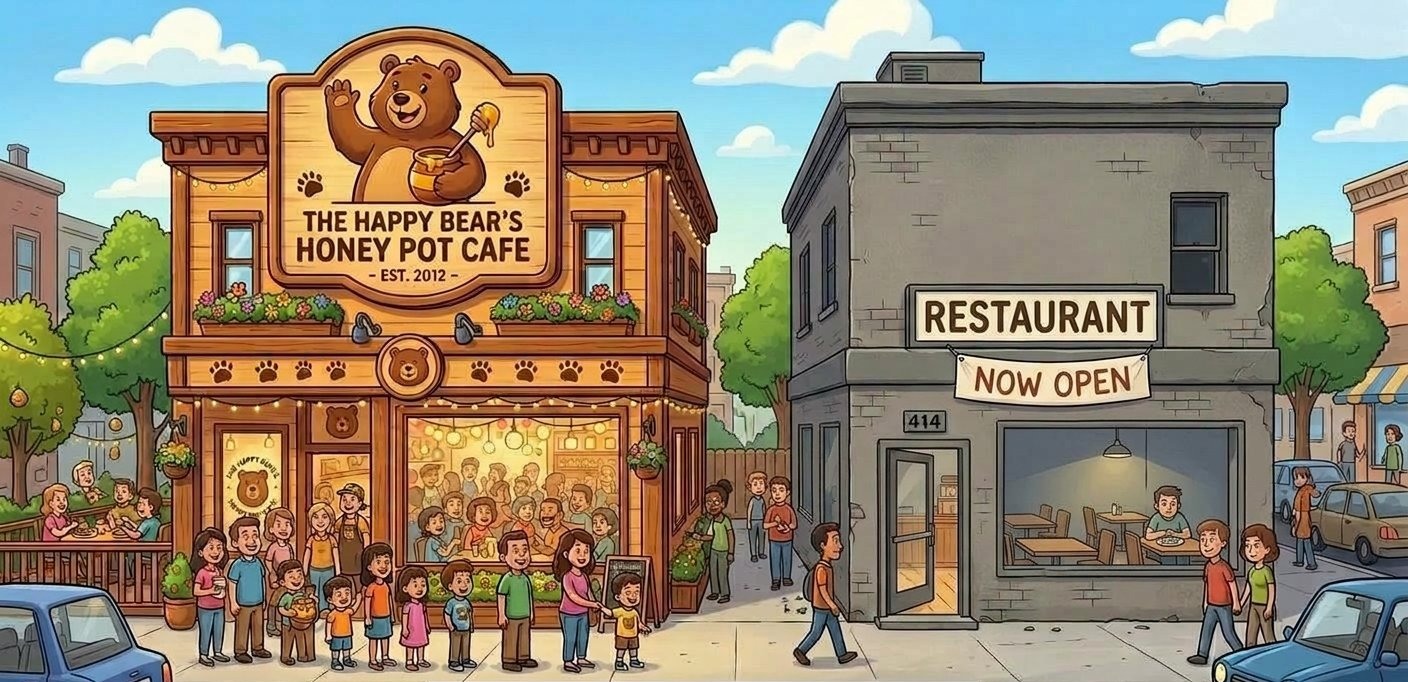 Two restaurants side by side &mdash; one branded, with a line out the door, and one with a sign that just says RESTAURANT, nearly empty