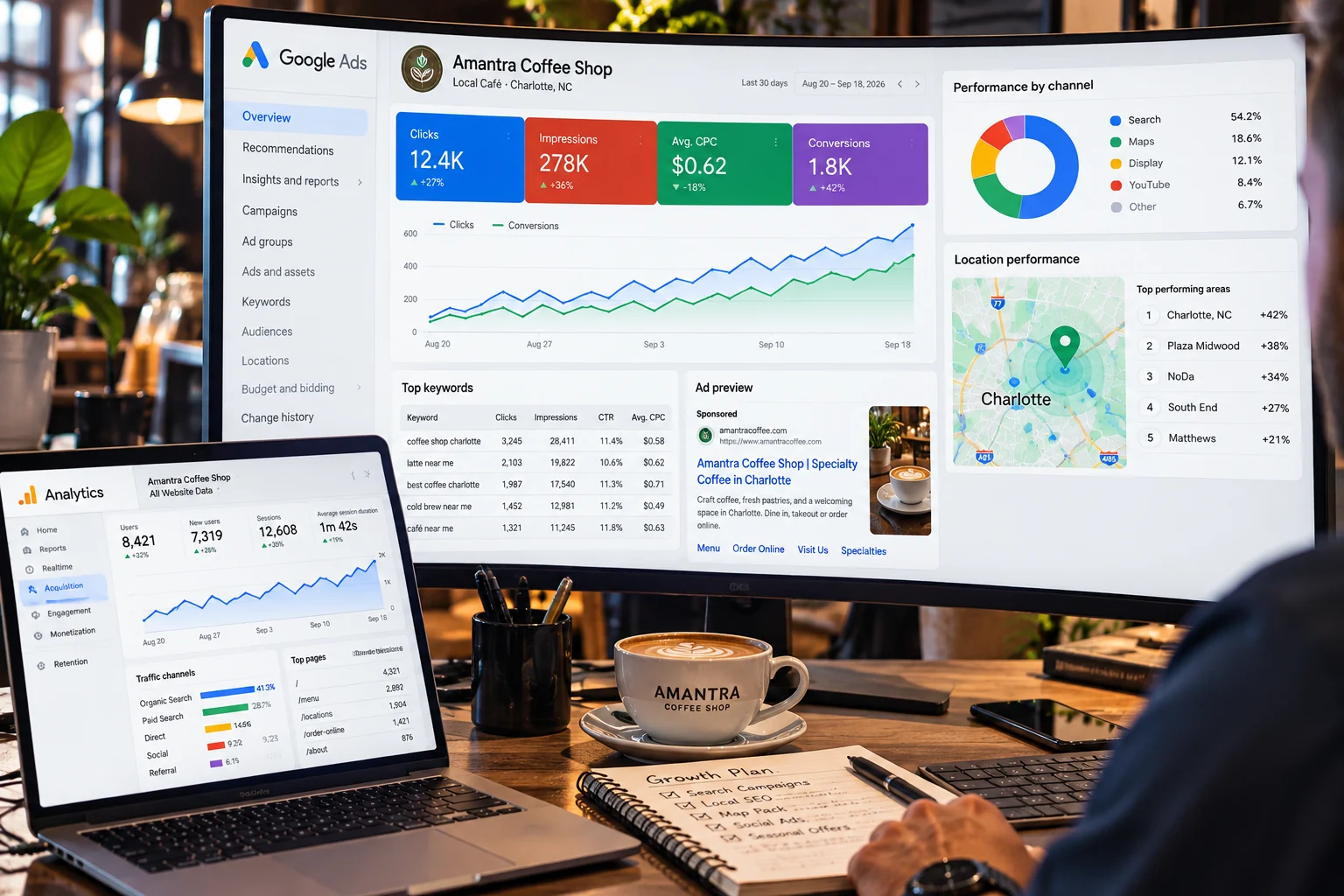 Paid media workspace with Google Ads campaign performance, search terms, location data and analytics dashboards