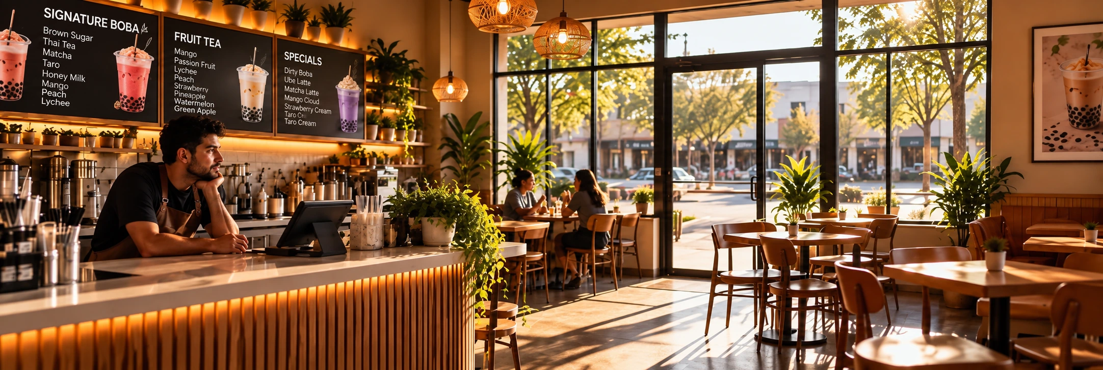 Sunlit boba café with its owner at the counter, a few customers, and open tables waiting to fill