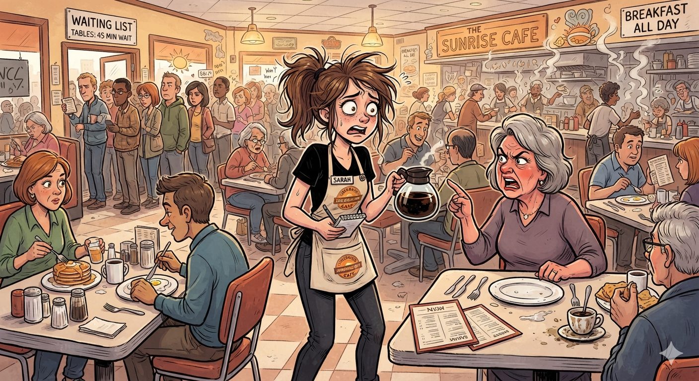 Cartoon waitress getting reprimanded by an angry restaurant guest in a packed breakfast cafe, coffee pot in hand and a waiting list behind her