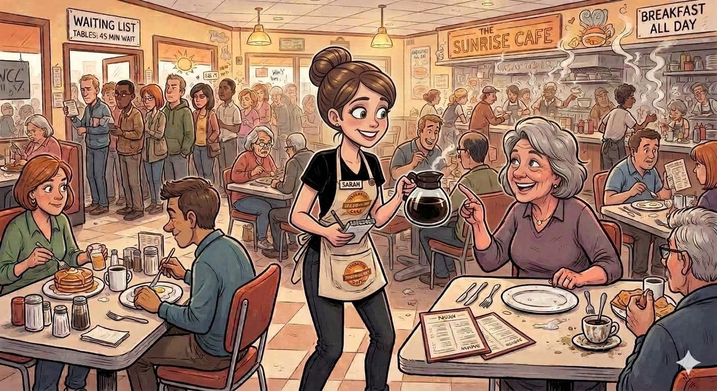 Calm cartoon waitress smiling tableside with a happy guest in a bright breakfast cafe