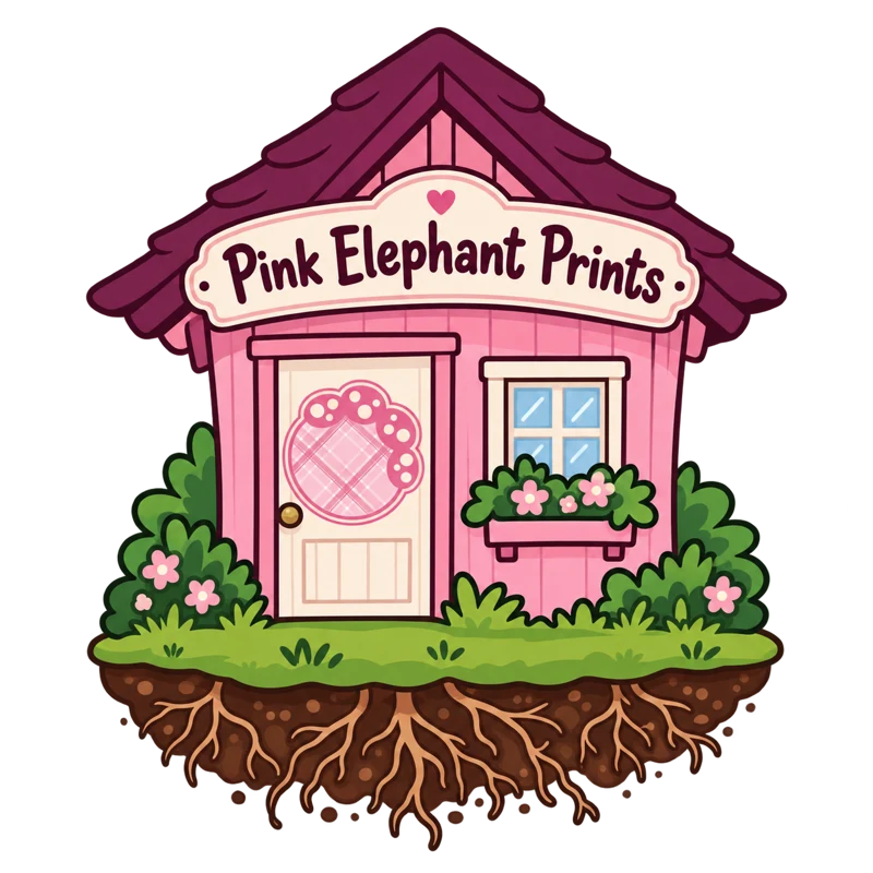 Cartoon Pink Elephant Prints sign shop with a pink roof, logo on the door and grassroots beneath it