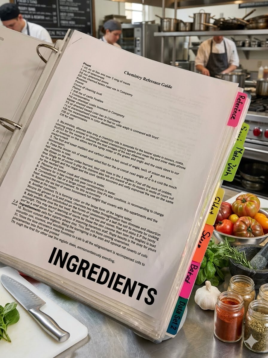 A grease-marked recipe binder hanging on a kitchen wall